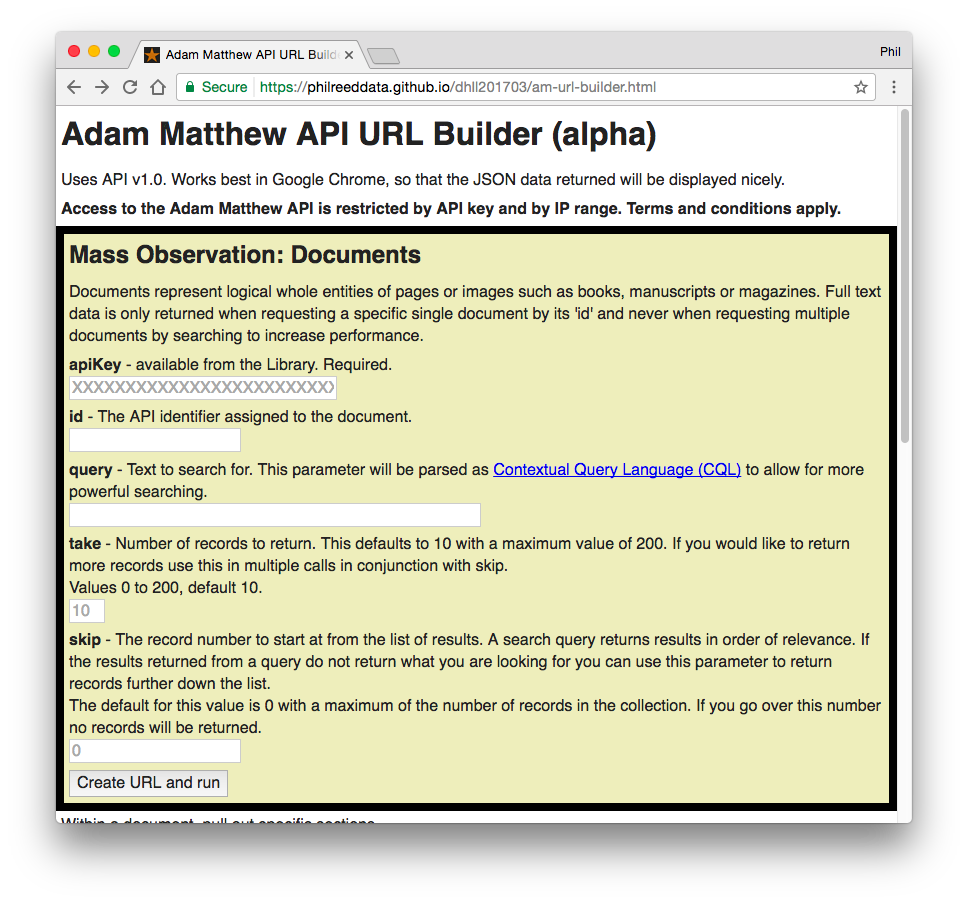 Adam Matthew API builder, aplha