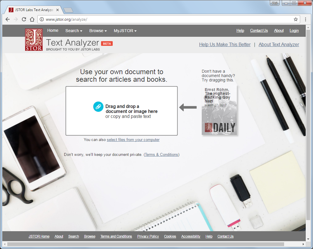 JSTOR Text Analyzer home page